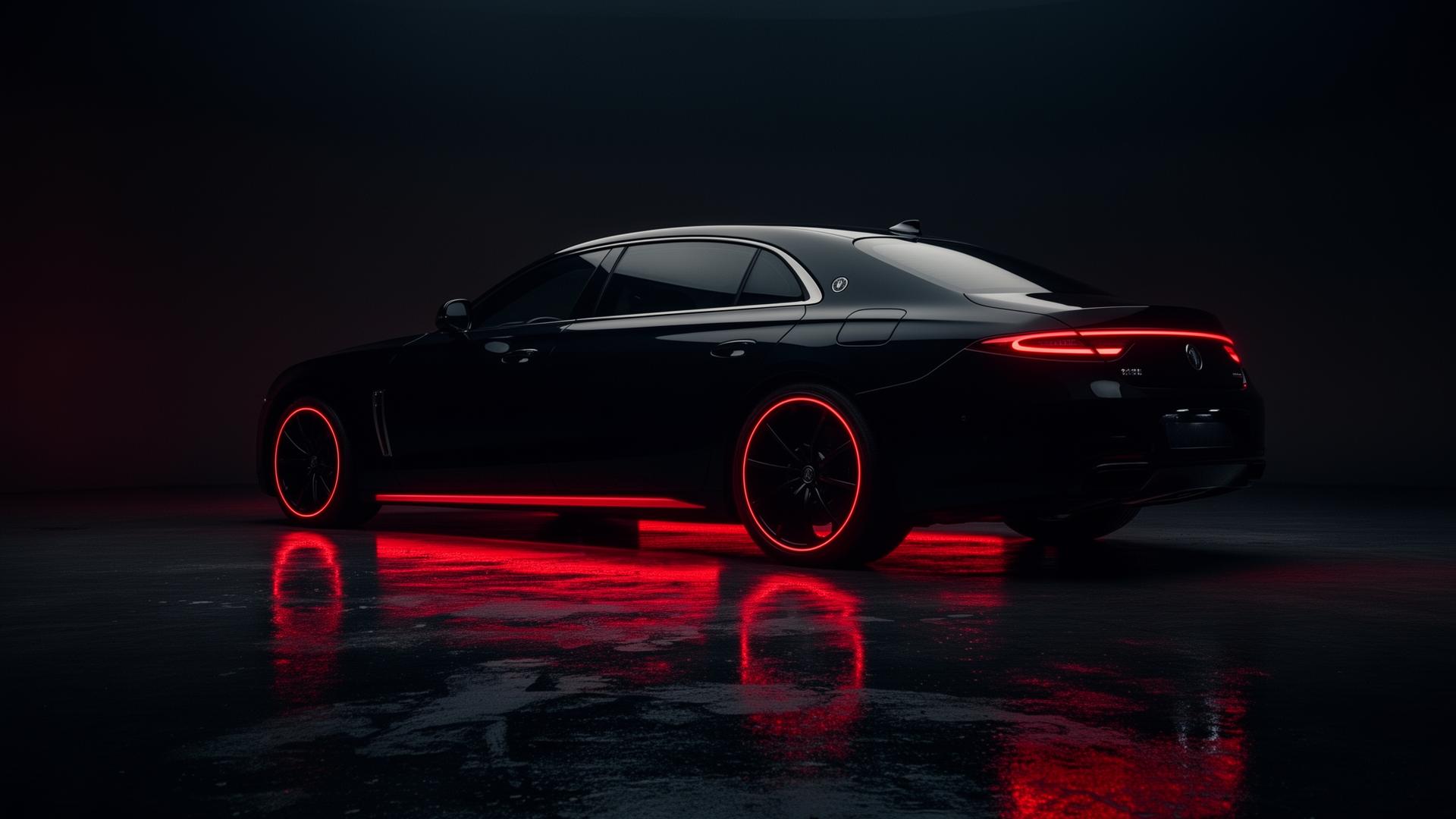 Black luxury car under red rim lighting